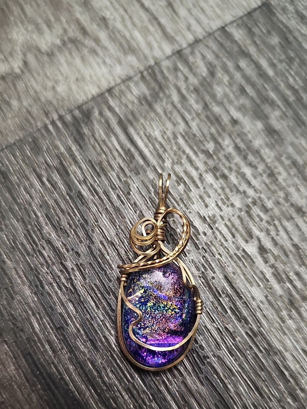 Hand Crafted Gold Wire Iridescent Purple Dichroic Pendant